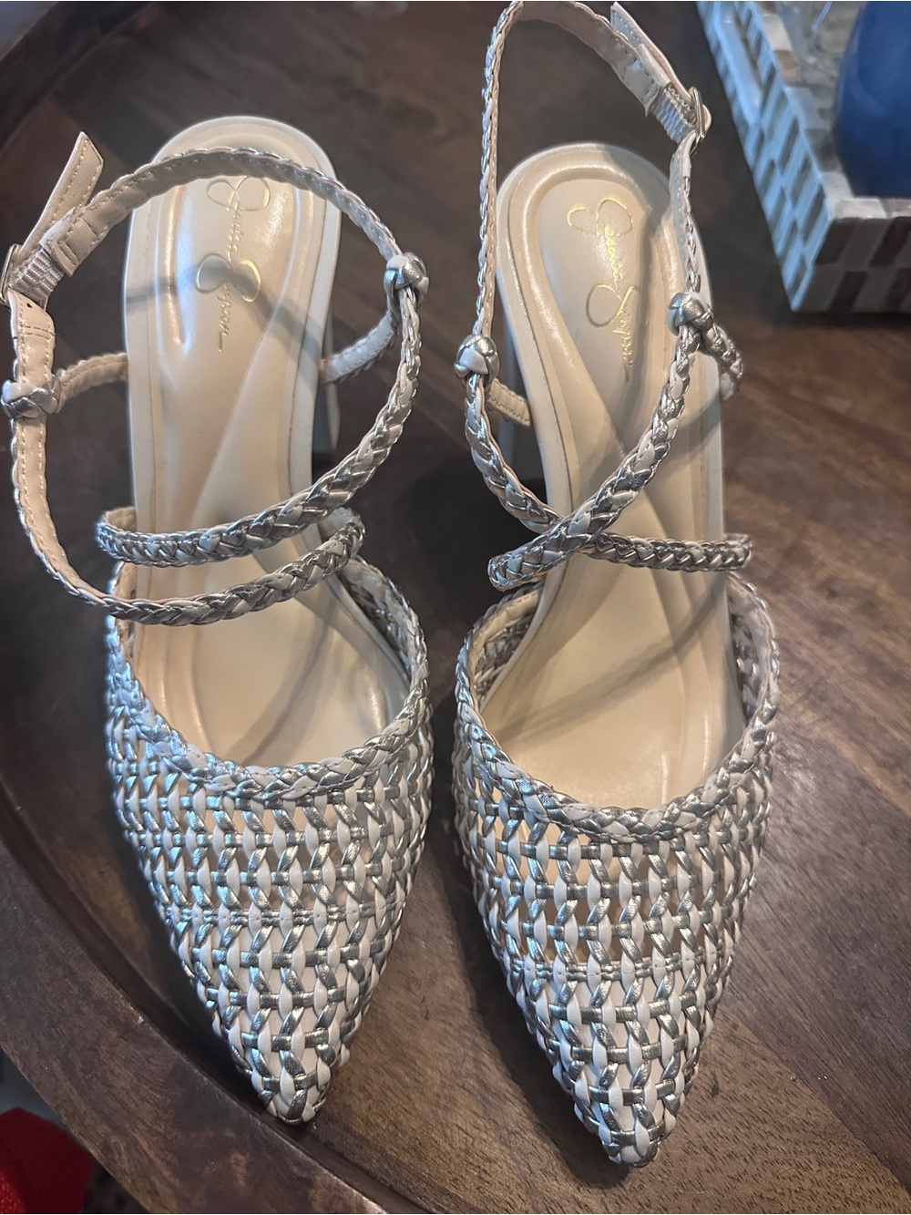 Jessica Simpson White Braided Pointed-Toe Slingback Heels